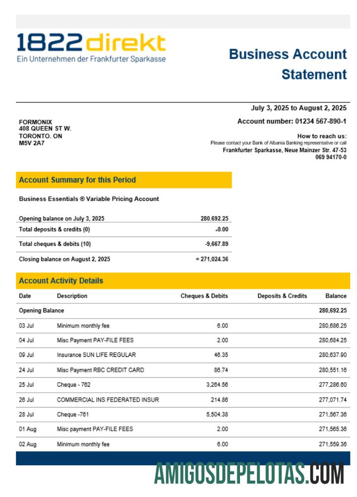 Baixável 1822direkt Bank Enterprise modelo de extrato de conta Word e PDF